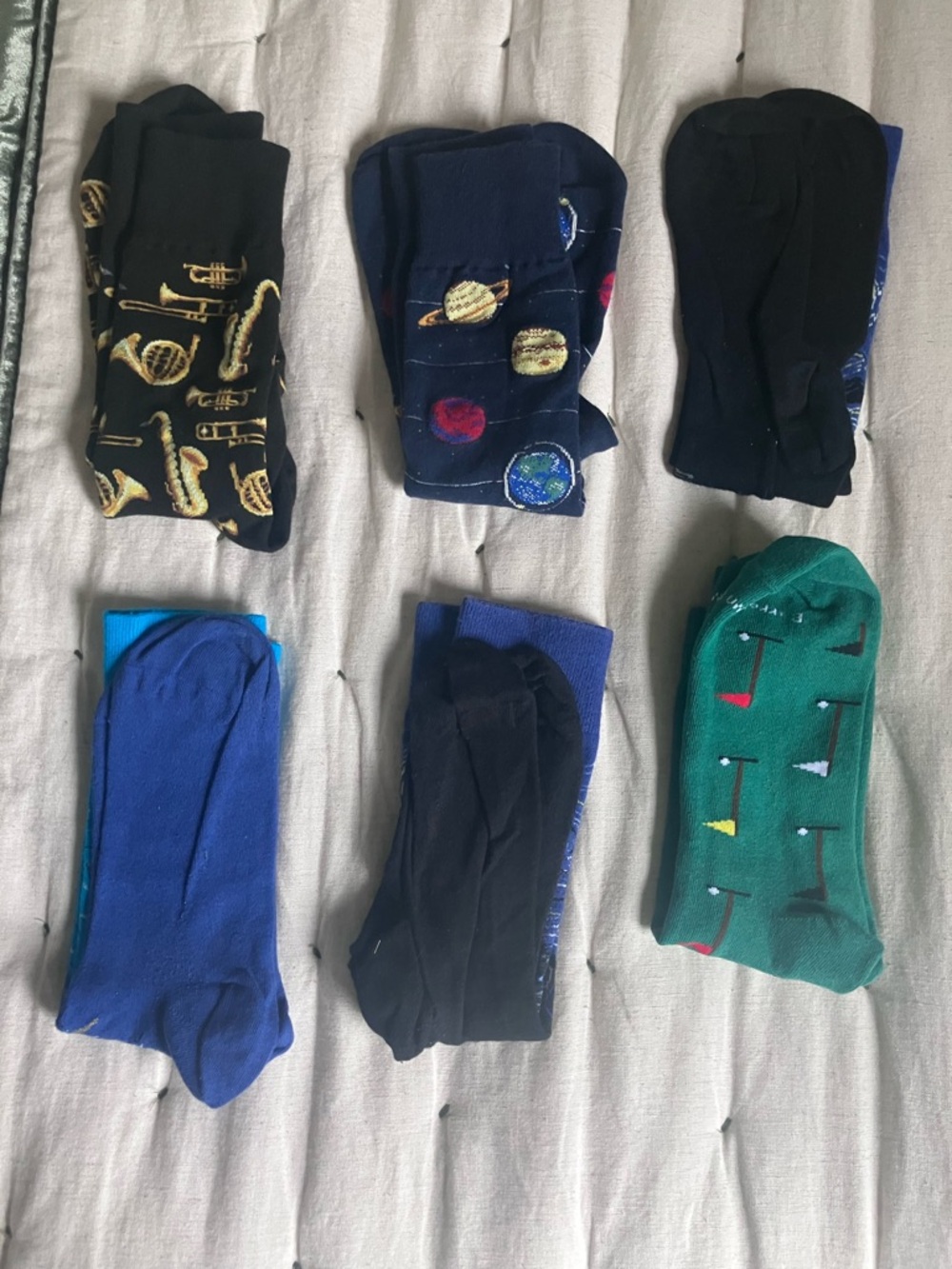 Six Pairs of Novelty Crew Socks - Musical, Space, Golf & others